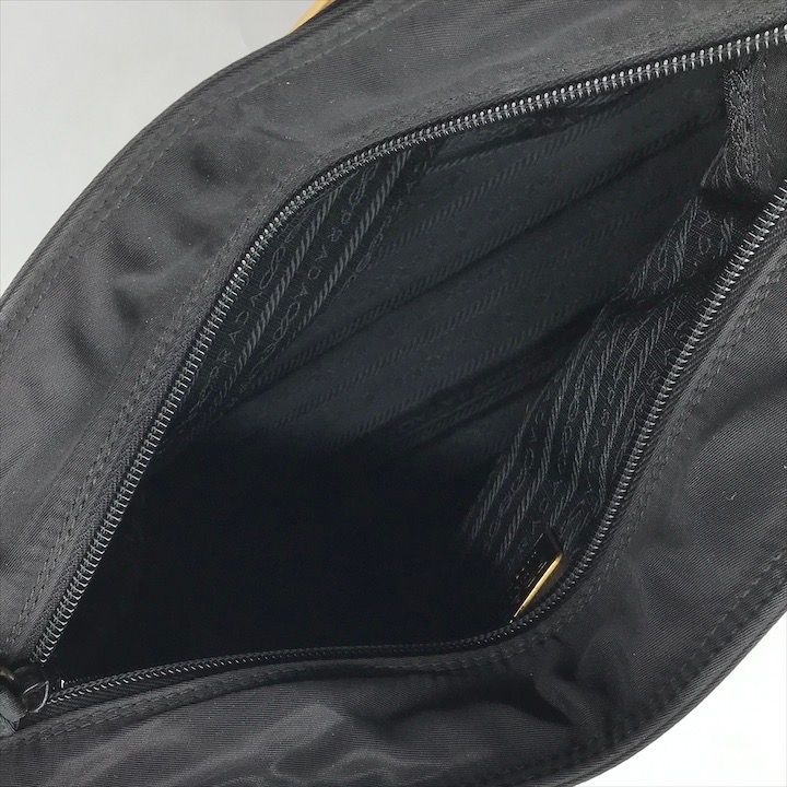 Prada Triangle Logo Nylon Tessuto Metal Handle Hand Bag Black Gold