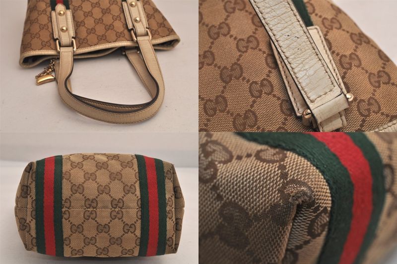 Gucci Web Sherry Line Tote Bag GG Canvas Leather 162898 Brown 7460m