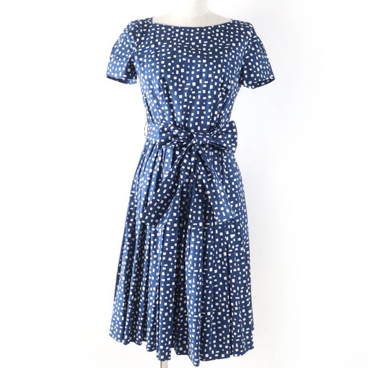 Prada Cotton Beautiful Silhouette Pleated Short Sleeve Dress With Belt Navy 40