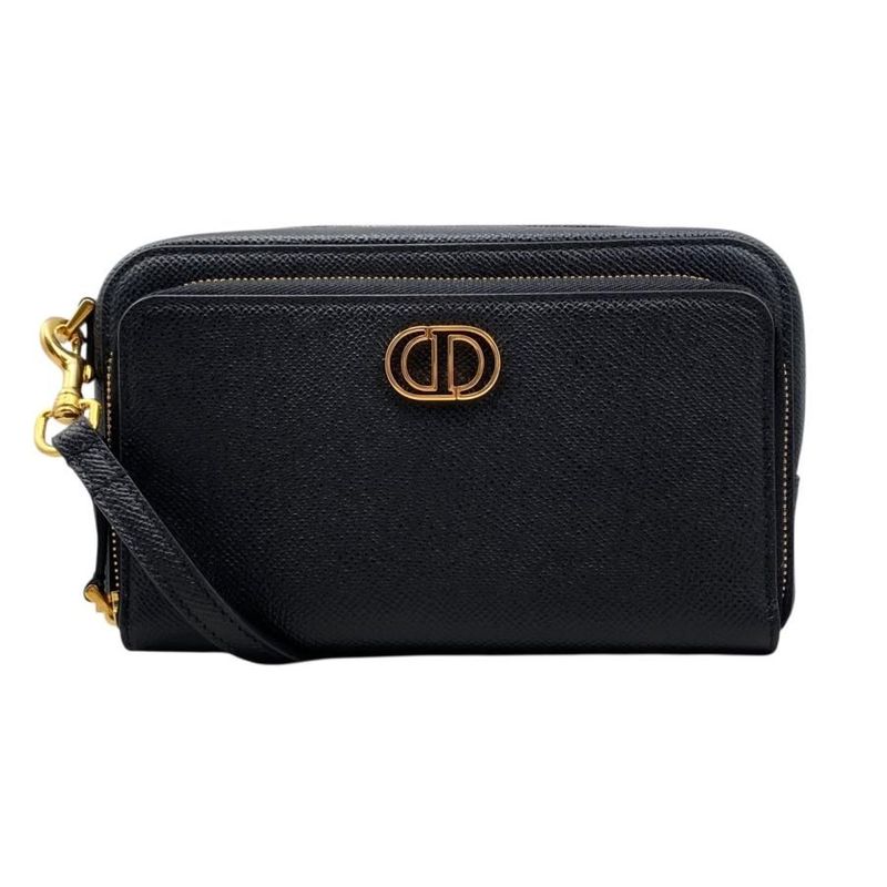 Christian Dior Shoulder Bag Caro Double Pouch S7431ubae Leather Logo Black Gold