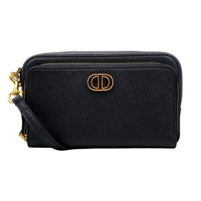 Christian Dior Shoulder Bag Caro Double Pouch S7431ubae Leather Logo Black Gold