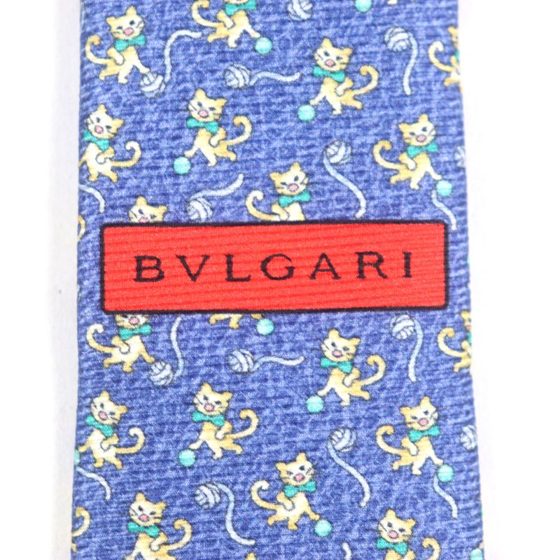  Bvlgari 100% Silk All-over Cat Wool Ball Tie Blue With Box Made In Italy