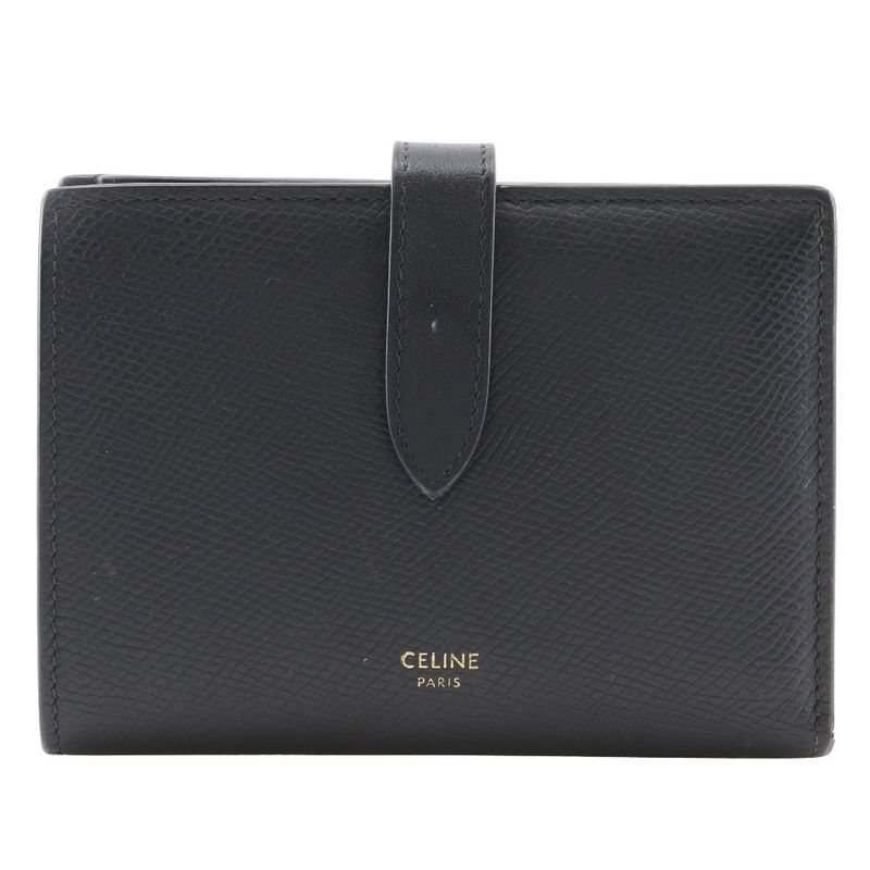Celine Medium Strap Wallet Calf Black Ladies Bifold Wallet