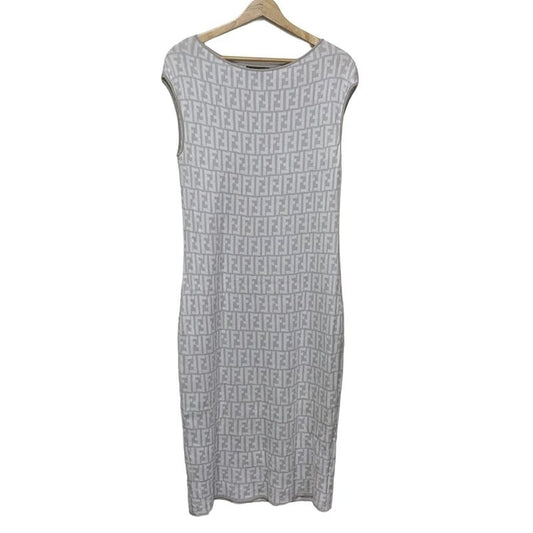 Fendi Dress Size 46 L Women - Light Gray And White Short Sleeves Long Knit