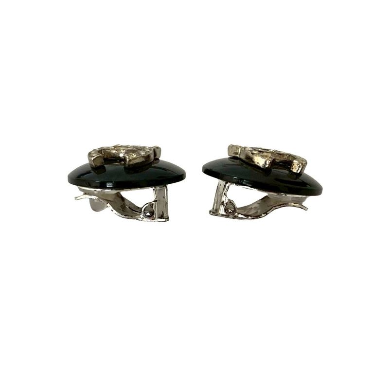 Chanel Vintage Coco Mark Motif Plastic Plated Earrings Black 96A