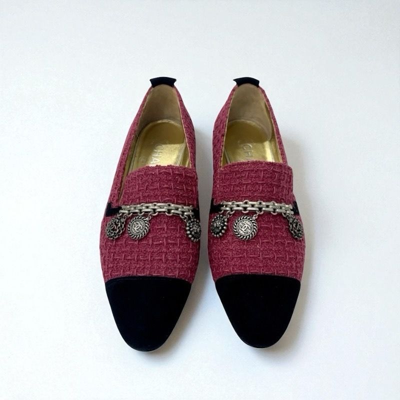 Chanel Flat Shoes Tweed Suede Pink Black Here Mark Chain Charm Opera Shoes