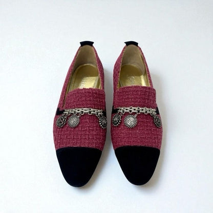 Chanel Flat Shoes Tweed Suede Pink Black Here Mark Chain Charm Opera Shoes