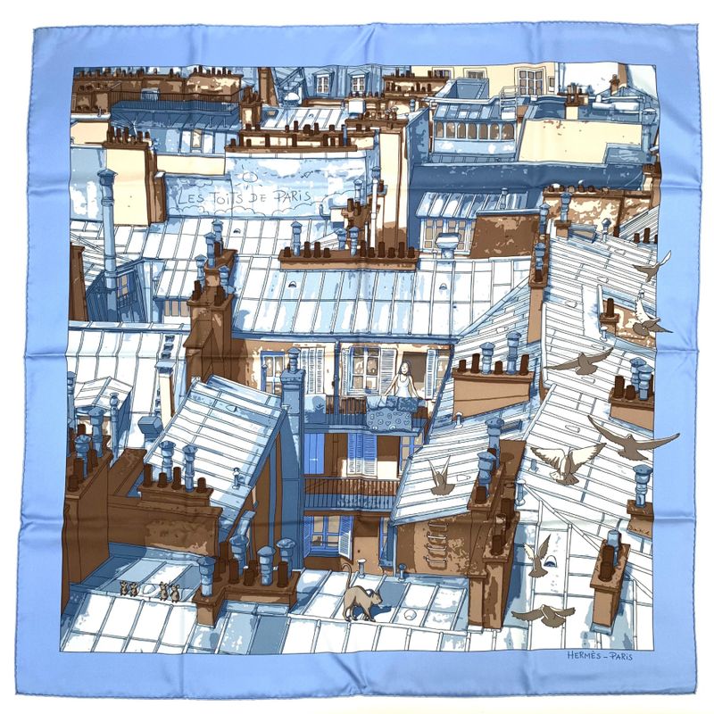 Grade Hermes Carre 90 Silk Scarf LES Toits DE Paris Roof Blue With Box