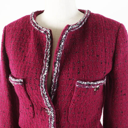 CHANEL 22AW 22A P73183 Collarless Tweed Jacket With Coco Mark Buttons Burgundy