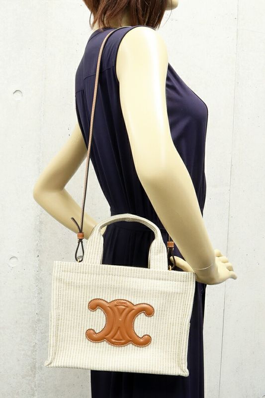 Celine Hand Tote Shoulder Bag Small Cabas Tais Canvas X Calfskin Beige X Ivory
