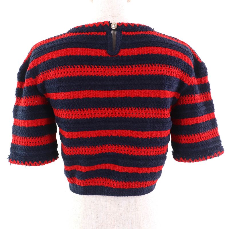 CHANEL 23AW 21C P70326 Coco Mark Button Cotton Striped Crewneck Cropped