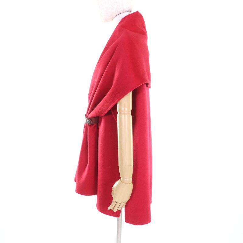 Hermes 21-22aw Leather Belted 100% Cashmere Poncho/cape Coat Red 36 With