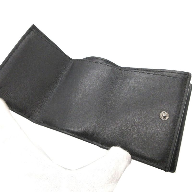 Fendi 7m0280 Signature Logo Leather Black Compact Wallet Trifold Wallet 1266-8