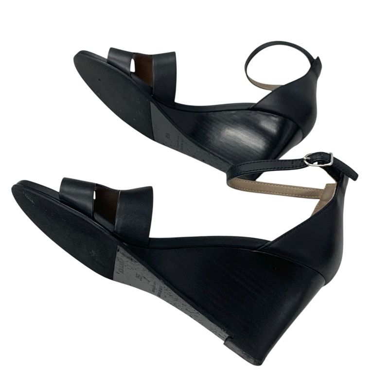 Hermes Legend Sandals Shoes Leather Black Wedge Sole Ankle Strap