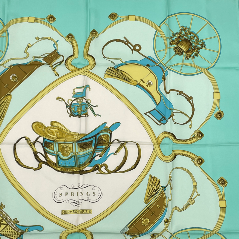 Hermes Springs Carriage Carre 90 100% Silk Scarf Green