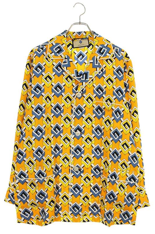 Gucci 663490 Zlp98 G All Over Silk Pajama Long Sleeve Shirt Men's S