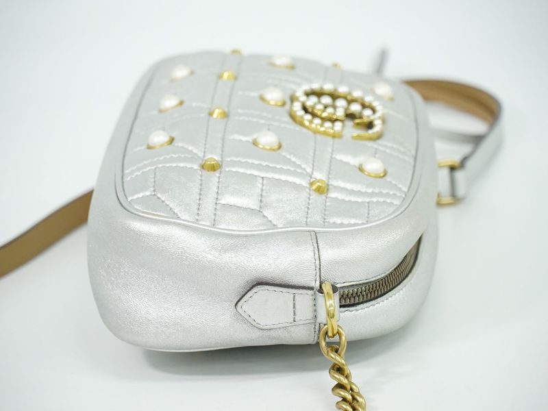 Authentic Gucci GG Marmont Faux Pearl Small Shoulder Bag Pochette Leather