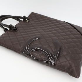 Chanel Cambon Line Flat Tote Bag Coco Mark Leather Dark Brown