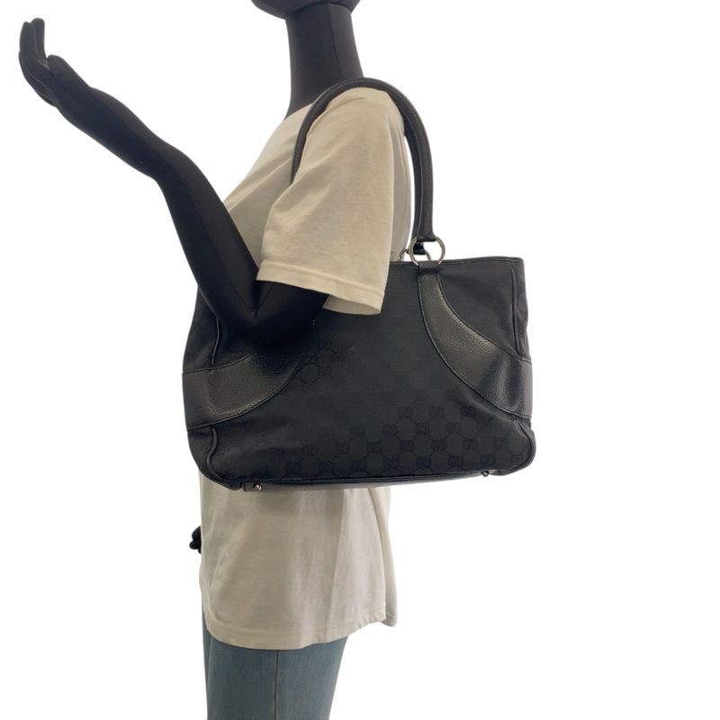 Gucci Black Silver Hardware GG Canvas/leather Tote Bag Shoulder Bag Women 504538