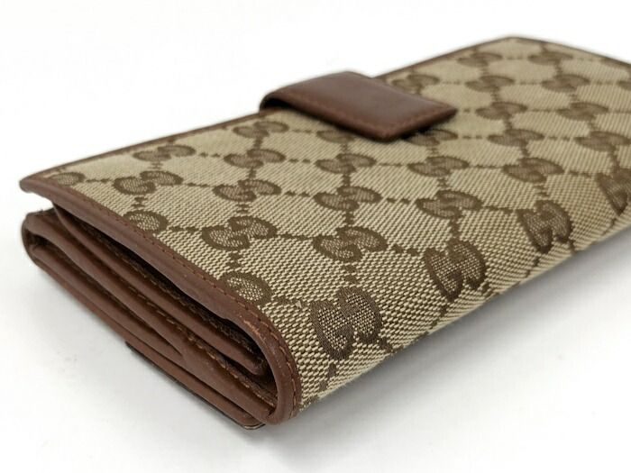 Gucci Trifold Wallet Leather Canvas Beige Brown 181593