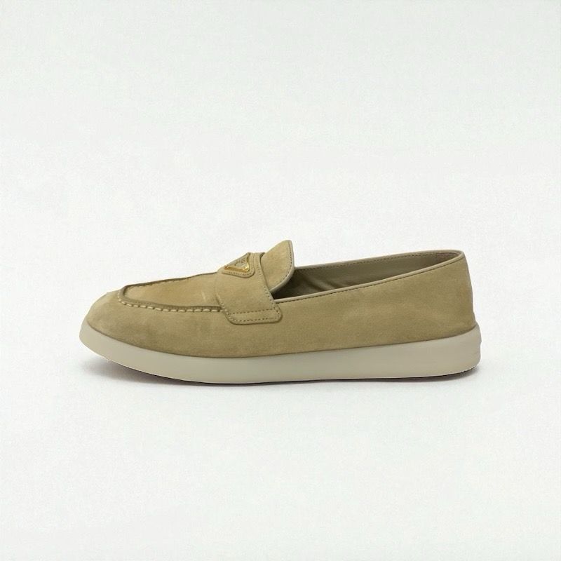 Prada Loafers Leather Shoes Suede Beige Gold Triangle Logo