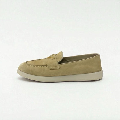 Prada Loafers Leather Shoes Suede Beige Gold Triangle Logo