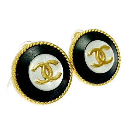 Chanel GP Shell 97p Coco Mark Round Earrings Gold Black 362540 Earrings