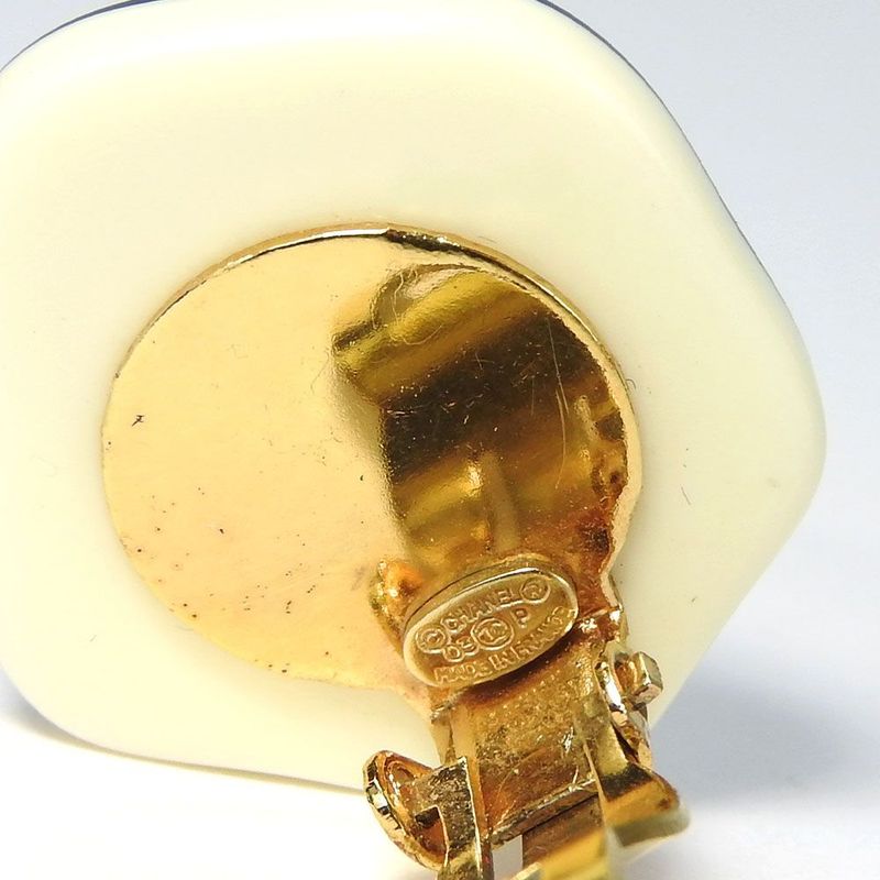 Chanel Earring Camellia Coco Mark White Black Gold Plated GP 03P Accessory