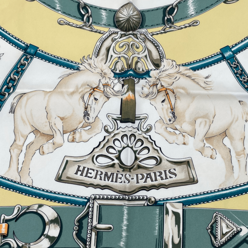Hermes Carre 90 Chevaux DE Trait Cart Horse Scarf Silk Yellow