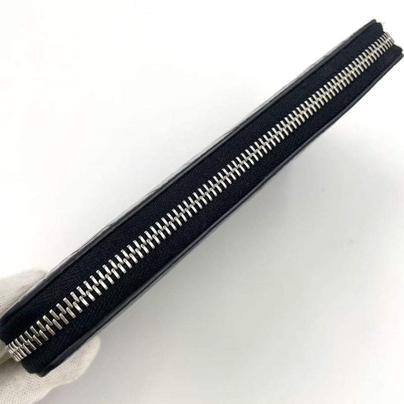 Celine Logo Leather Round Zip Leather Black Wallet Silver