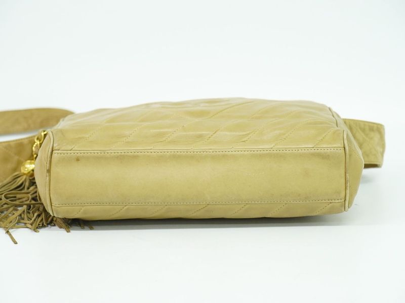 Authentic Chanel Coco Mark Tassel Shoulder Bag Pochette Lambskin Leather Beige