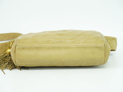 Authentic Chanel Coco Mark Tassel Shoulder Bag Pochette Lambskin Leather Beige