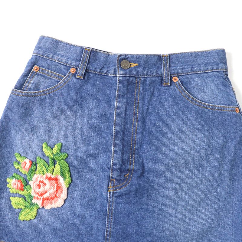 Gucci 456973 100% Cotton Flower Embroidered Denim Skirt Mini Skirt Indigo 42
