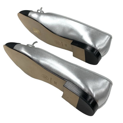 Chanel Flat Shoes Leather Fabric Silver Black Ballet Shoes Ballerina Coco Mark