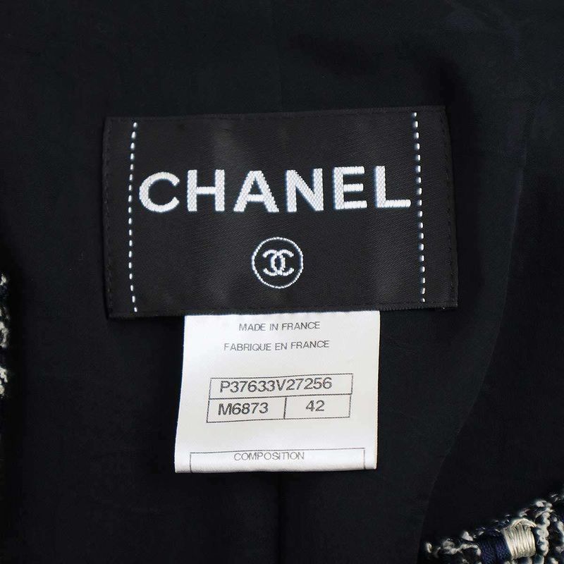 Chanel No Collar Tweed Cord Jacket P37633v27256 Navy 42