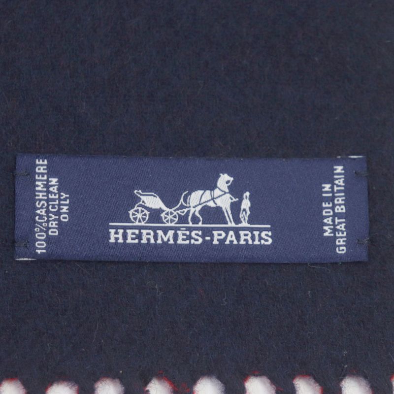 Hermes H258091s 100% Cashmere Marine/rouge Casaque Echarpe Fringe Scarf Made
