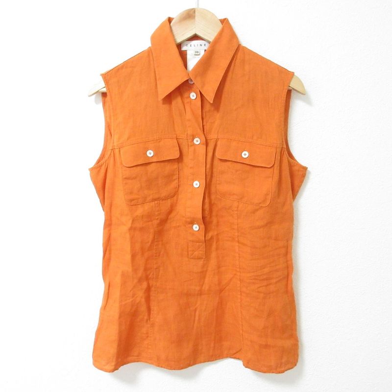 Good Celine 100% Linen Sleeveless Pullover Shirt Blouse Size 36 Orange Women