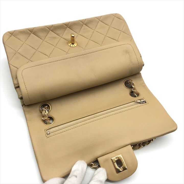 Chanel CC Logo Quilted Double Flap Chain Lambskin Shoulder Bag Beige