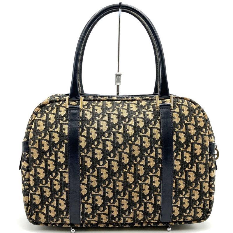DIOR Handbag Vintage Boston Bag Navy Blue Canvas Trotter Women Men