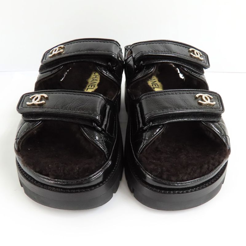 Chanel Sandals 23K G45291 Boa Rhinestone Coco Mark 38 Black Leather