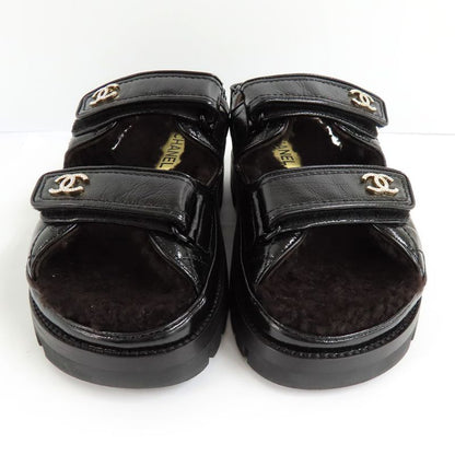Chanel Sandals 23K G45291 Boa Rhinestone Coco Mark 38 Black Leather