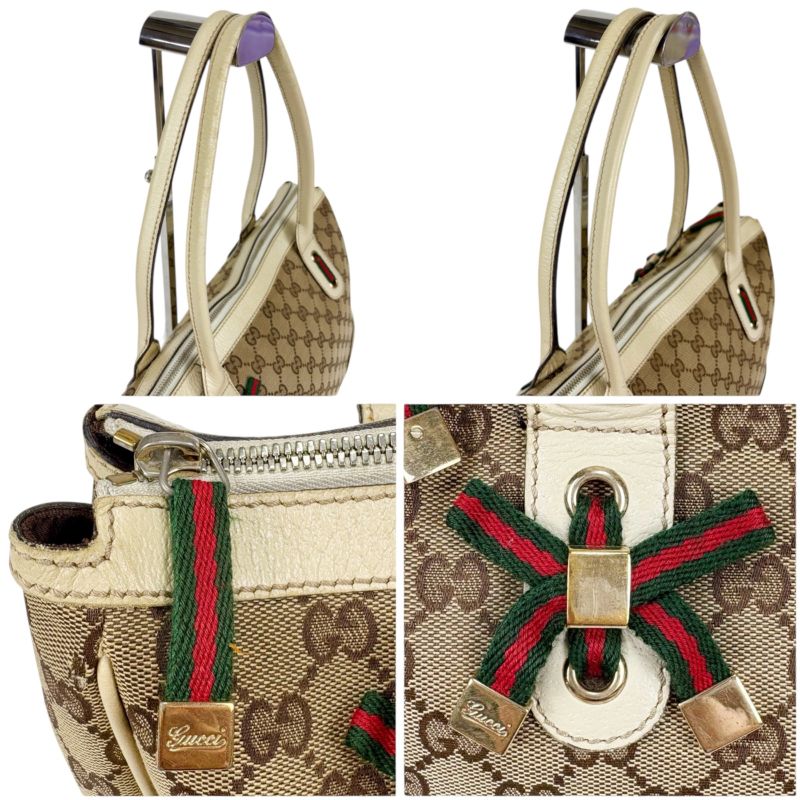 Gucci Tote Bag Brown Beige Ivory GG Canvas Sherry Line Ribbon