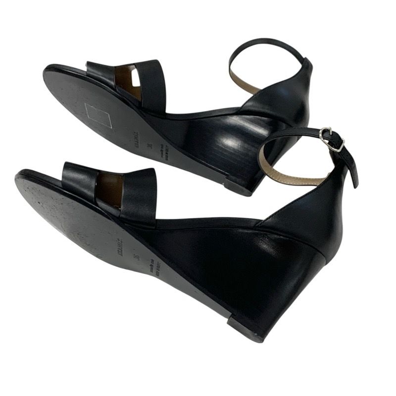 Hermes Legend Sandals Shoes Leather Black Ankle Strap Wedge Sole