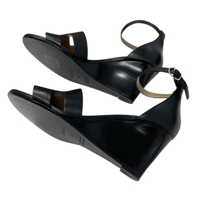 Hermes Legend Sandals Shoes Leather Black Ankle Strap Wedge Sole