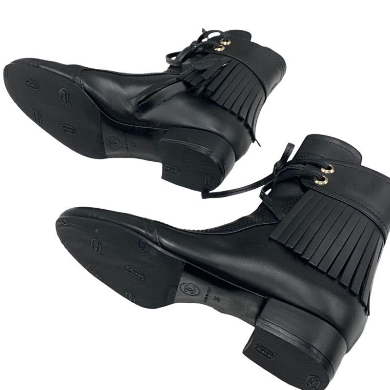Chanel Boots Short Boots Shoes Leather Black Here Mark Fringe