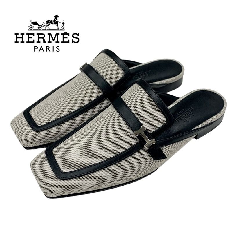 Hermes Groupie Flat Shoes Canvas Leather Black Unused Mule Slipper Sandals