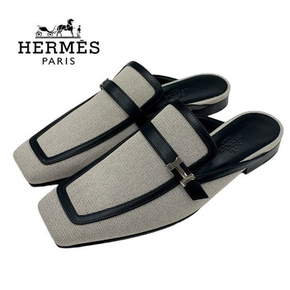 Hermes Groupie Flat Shoes Canvas Leather Black Unused Mule Slipper Sandals