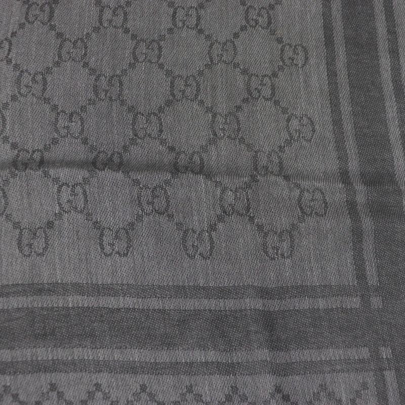 Gucci 544615 Wool Silk GG Logo Diamante Checked Fringe Stole Scarf Shawl Gray