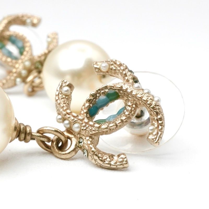 Chanel Earrings Coco Mark Rhinestone Pearl Gold