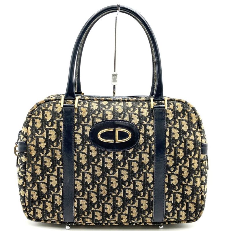 DIOR Handbag Vintage Boston Bag Navy Blue Canvas Trotter Women Men